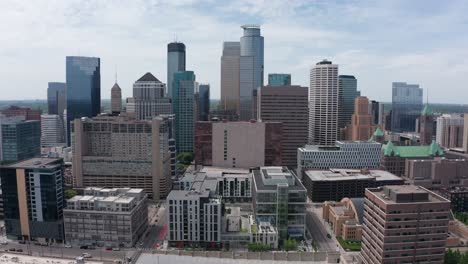 rising close-up aerial shot of the minneapolis skyline in minnesota