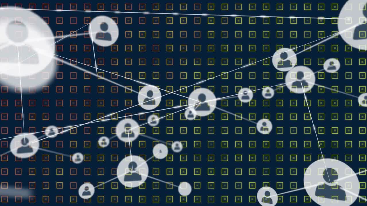 animación de iconos conectados con líneas sobre cuadrados iluminados contra un fondo azul.