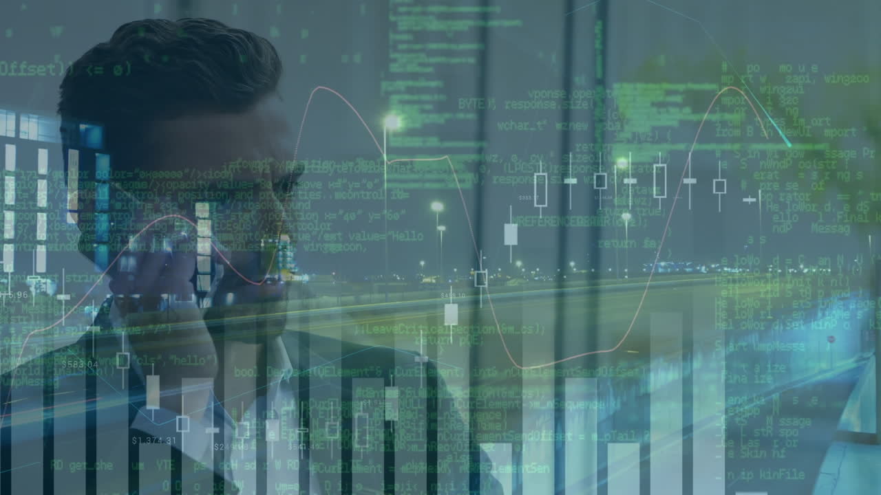Animasjon av finansiell databehandling over kaukasisk forretningsmann og bylandskap