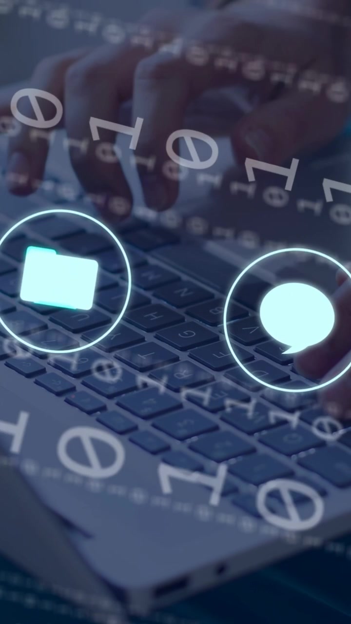 Vertical video: Female hands typing keys, making bits and icons appear then fade, managing IT files