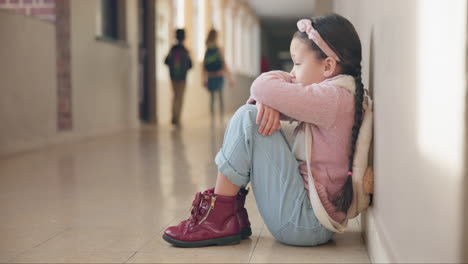 scared, loney and a child in a school corridor