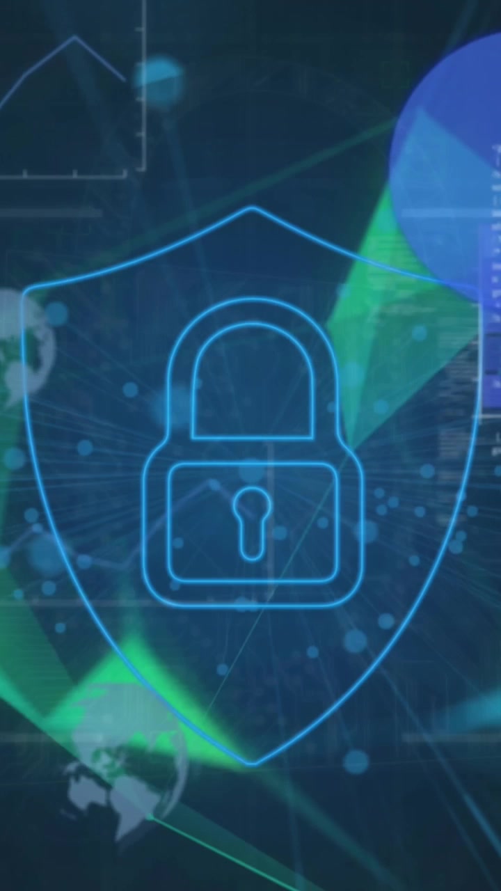 Animazione di lucchetto e elaborazione dati su globo e connessioni