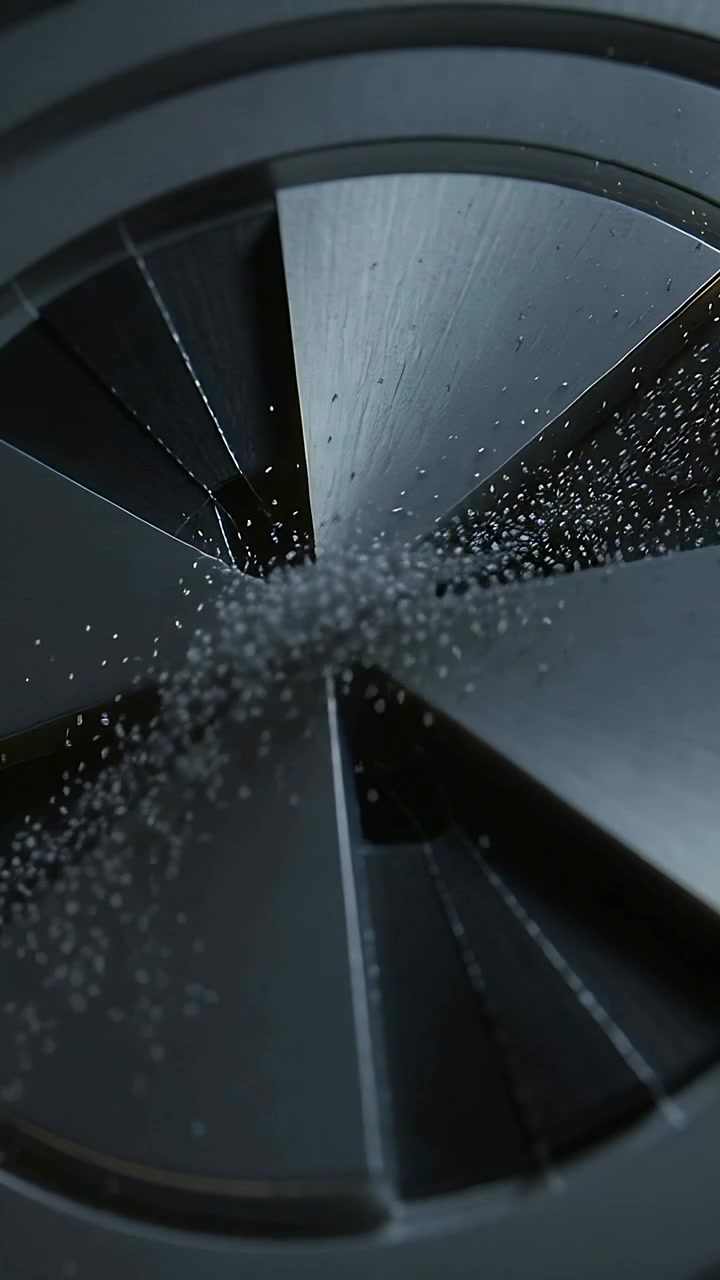 Vertical video: Showing metal rotor receiving narrow jet starting left to right in studio misting