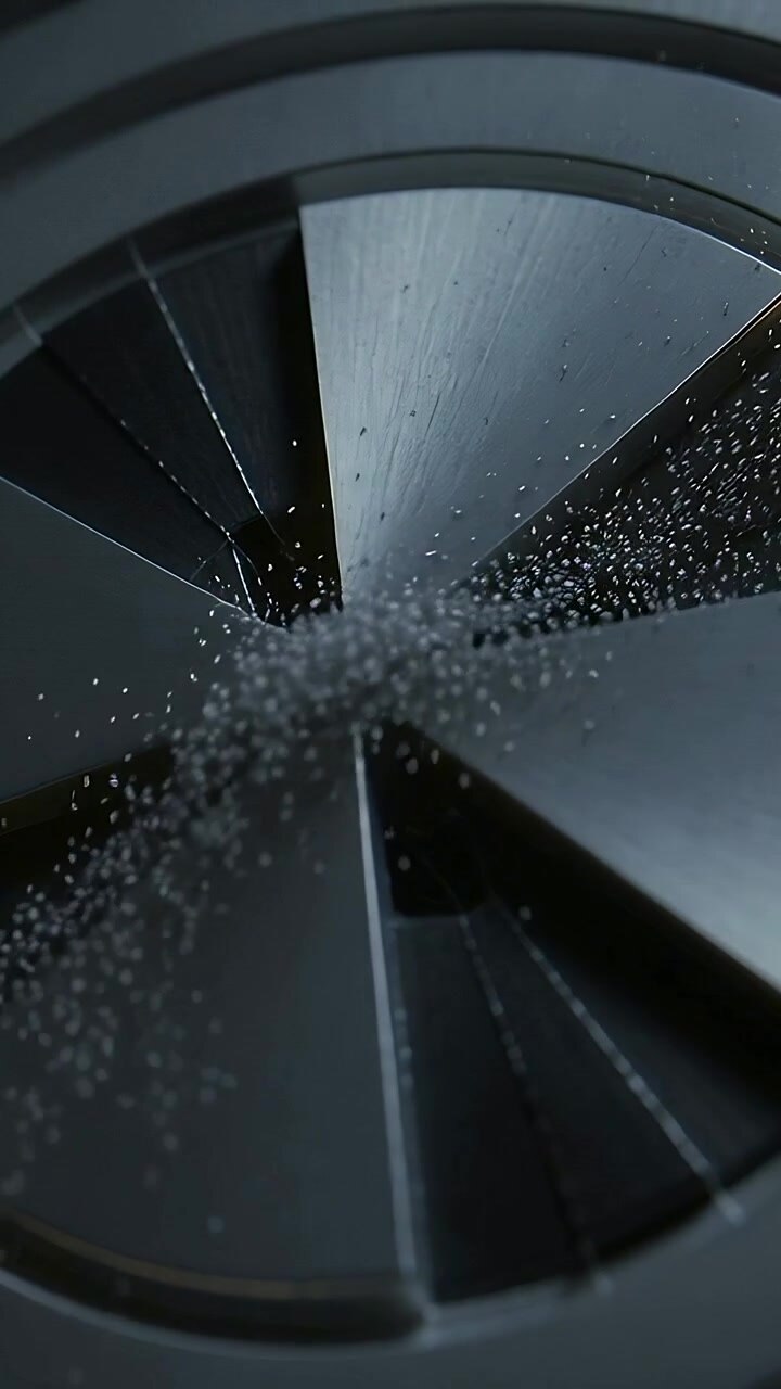 Vertical video: Showing metal rotor receiving narrow jet starting left to right in studio misting