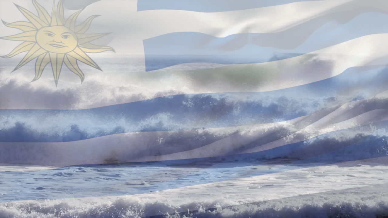 animación de la bandera de uruguay ondeando sobre el paisaje marino de la playa