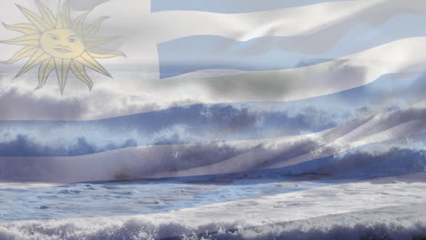 animation of flag of uruguay blowing over beach seascape