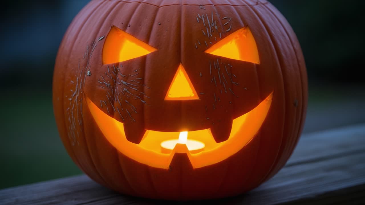 A Spooktacular Jack-o'-Lantern Glowing Brightly, Perfectly Carved with a Mischievous Grin and Eerie Illumination, Setting the Halloween Mood for Festive Celebrations