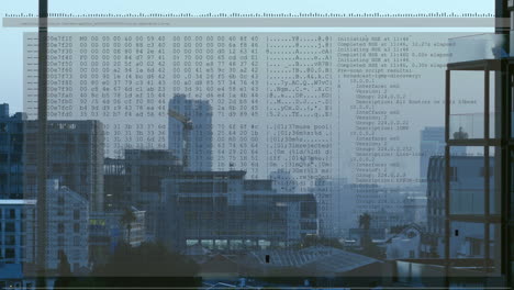 animation of digital data processing over cityscape