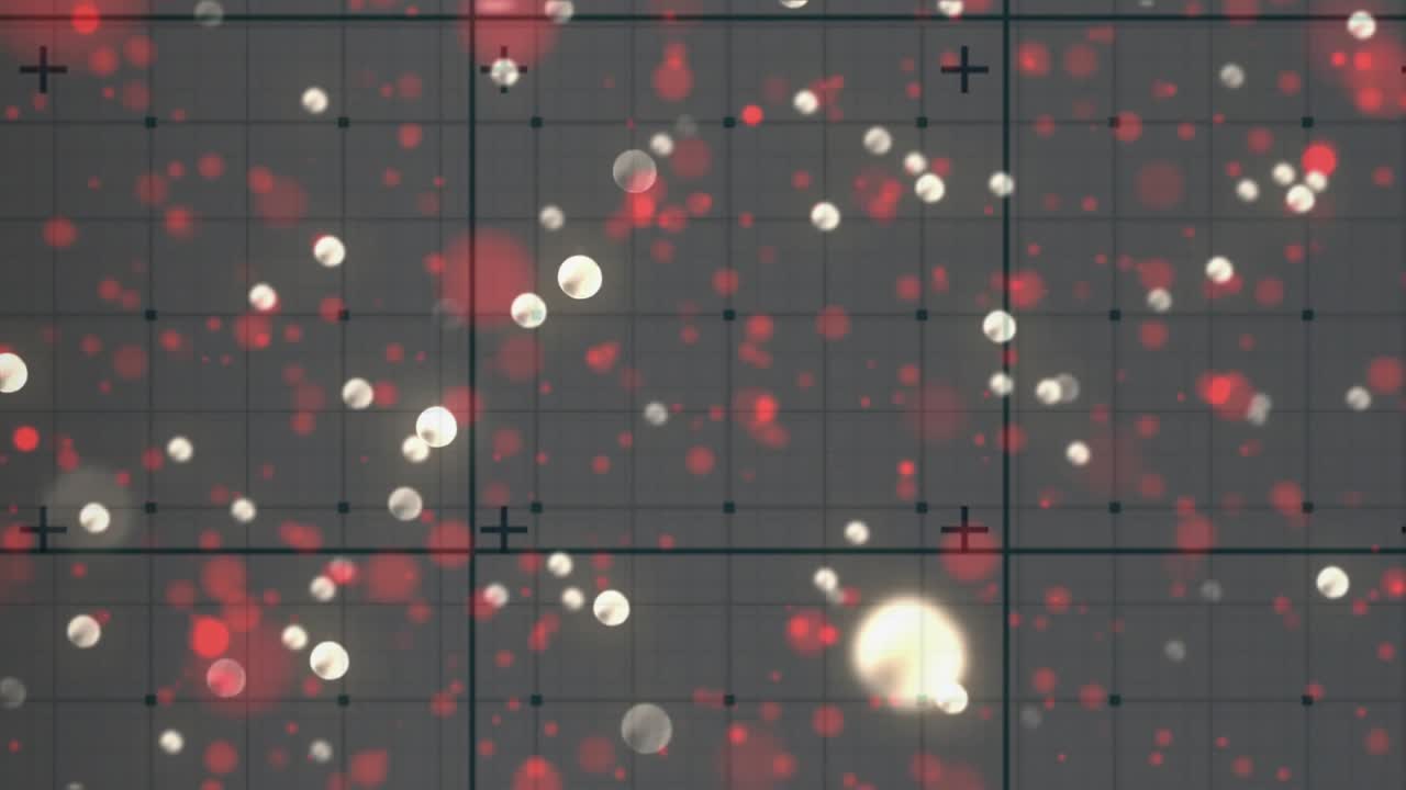 On start, red white dots drifting, pulsing across grey grid with plus markers for bokeh effect