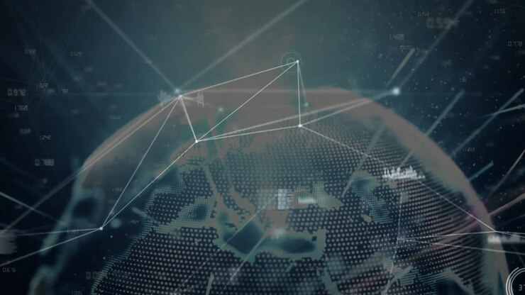 Globo 3D punteggiato che ruota, con linee di connessione e sovrapposizioni luminose di grafici a barre che fluttuano in un'interfaccia digitale.