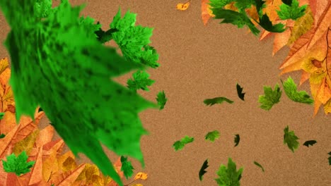 Animation-of-multiple-autumn-leaves-falling-on-brown-background