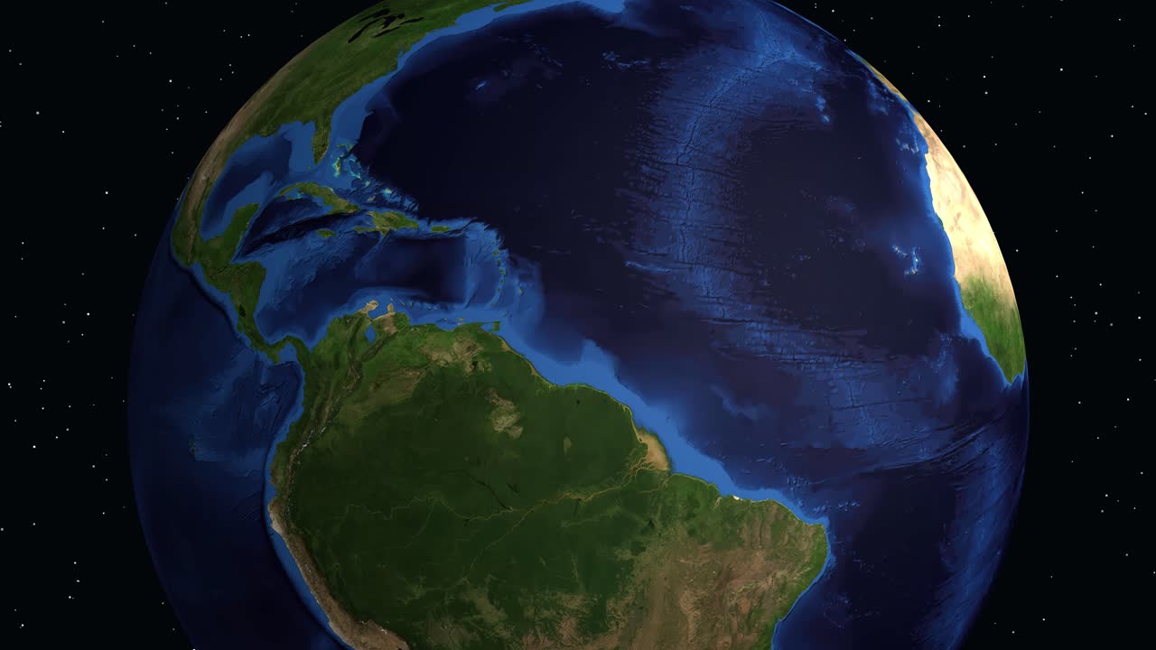 Il globo digitale ruota e ingrandisce il Sud America, evidenziando Santa Marta con informazioni demografiche