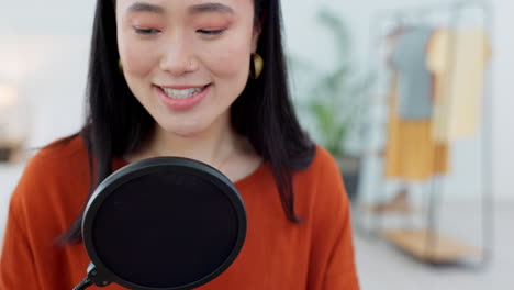 asian woman, microphone and podcast