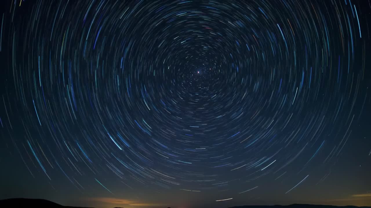 Witness mesmerizing star trails creating circular patterns in the night sky above a tranquil landscape.