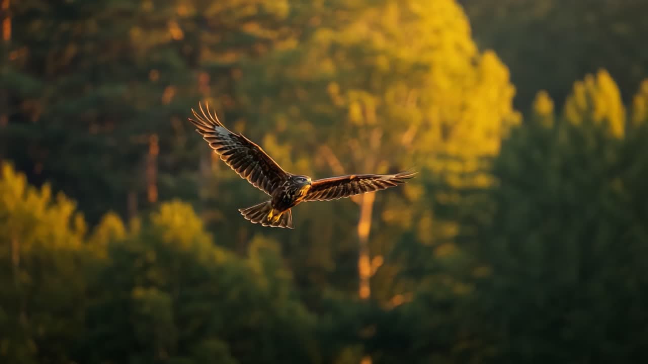 A Majestic Bird of Prey in Flight: Captured in Stunning Detail Against a Backdrop of Lush Greenery and Soft Golden Light, Showcasing Nature's Beauty and Freedom