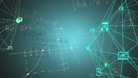 Animation-of-connected-icon-forming-globes-over-mathematical-equations,-diagrams-on-blue-background