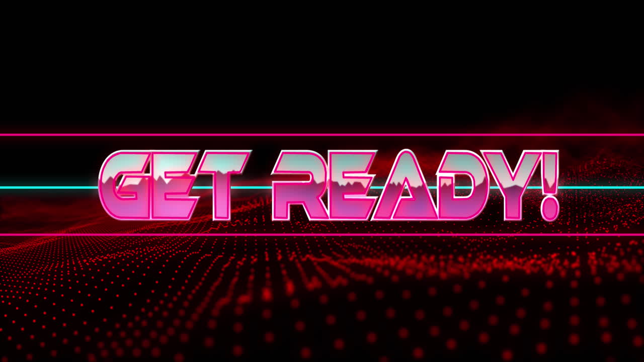 Animation of get ready text in metallic pink letters with lines over red glowing mesh