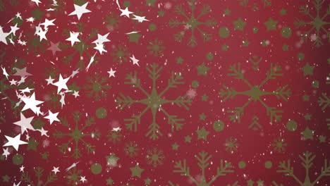 animación de estrellas sobre copos de nieve en fondo rojo.