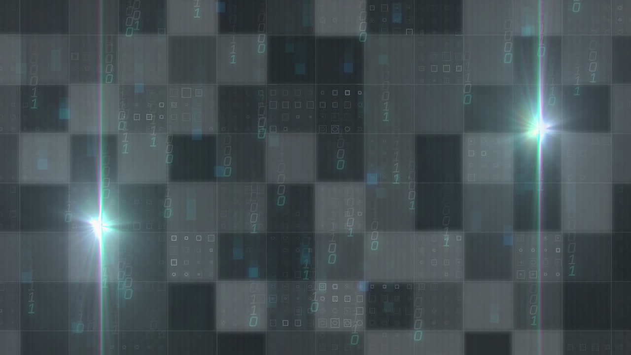 Glowing light effects creating digital binary code pattern on dark grid background