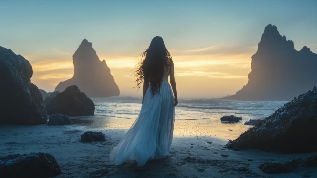 A cinematic video still of a woman in a flowing dress, viewed from behind, standing on a beach