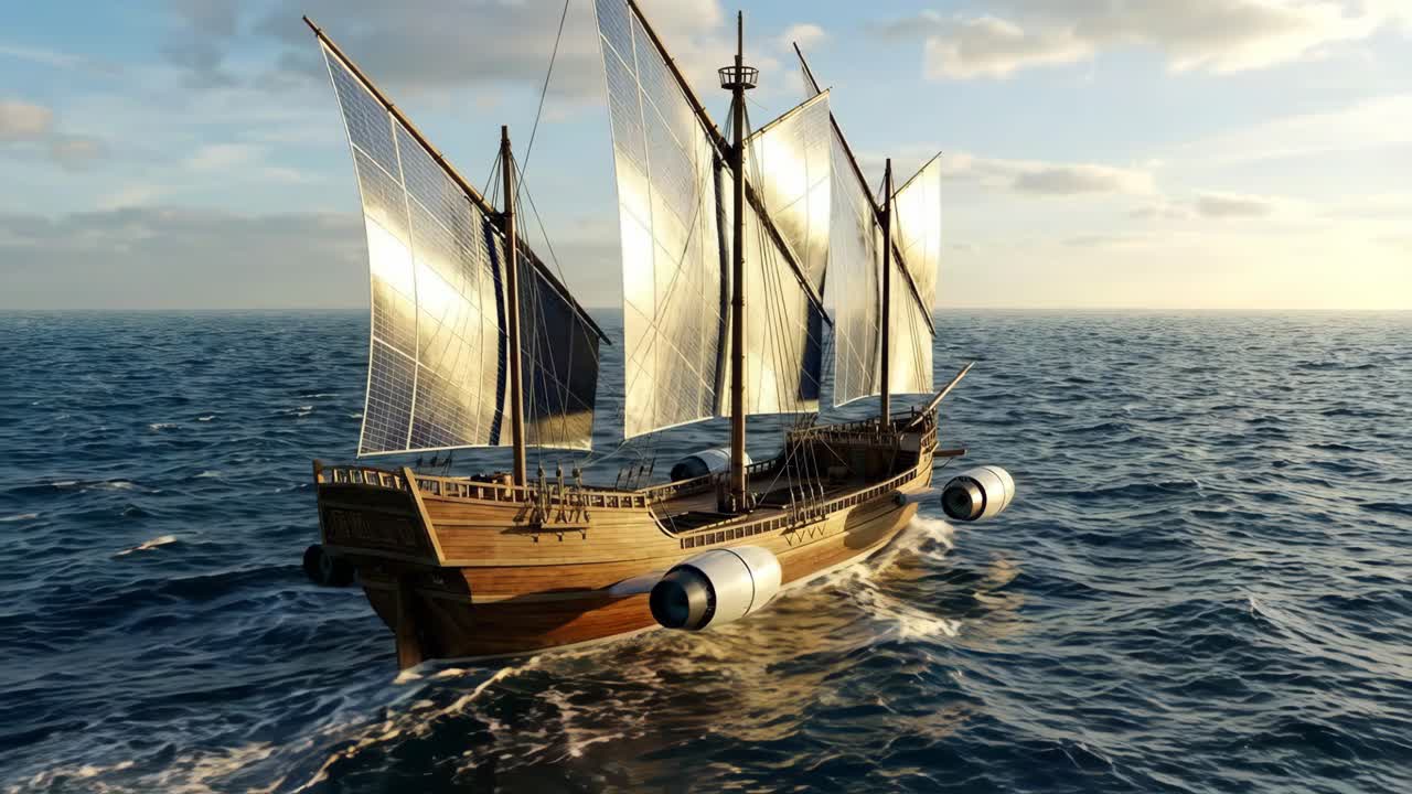 Futuristiskt skepp med solsegel och jetmotorer på havet