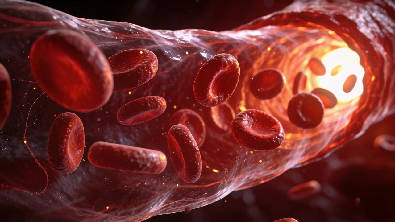 Streaming red blood cells in laminar flow along vessel with gold specks, moving toward bright lumen