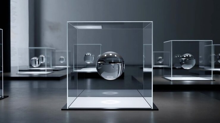 Transparent glass cube at center foreground contains suspended clear glass sphere above illuminated white base, identical cube displays on black platforms