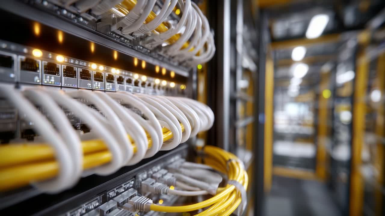 Exploring Data Center Network Infrastructure with Fiber Optic Cables and Ethernet Connections in a Server Room Environment, Showcasing Modern Technology