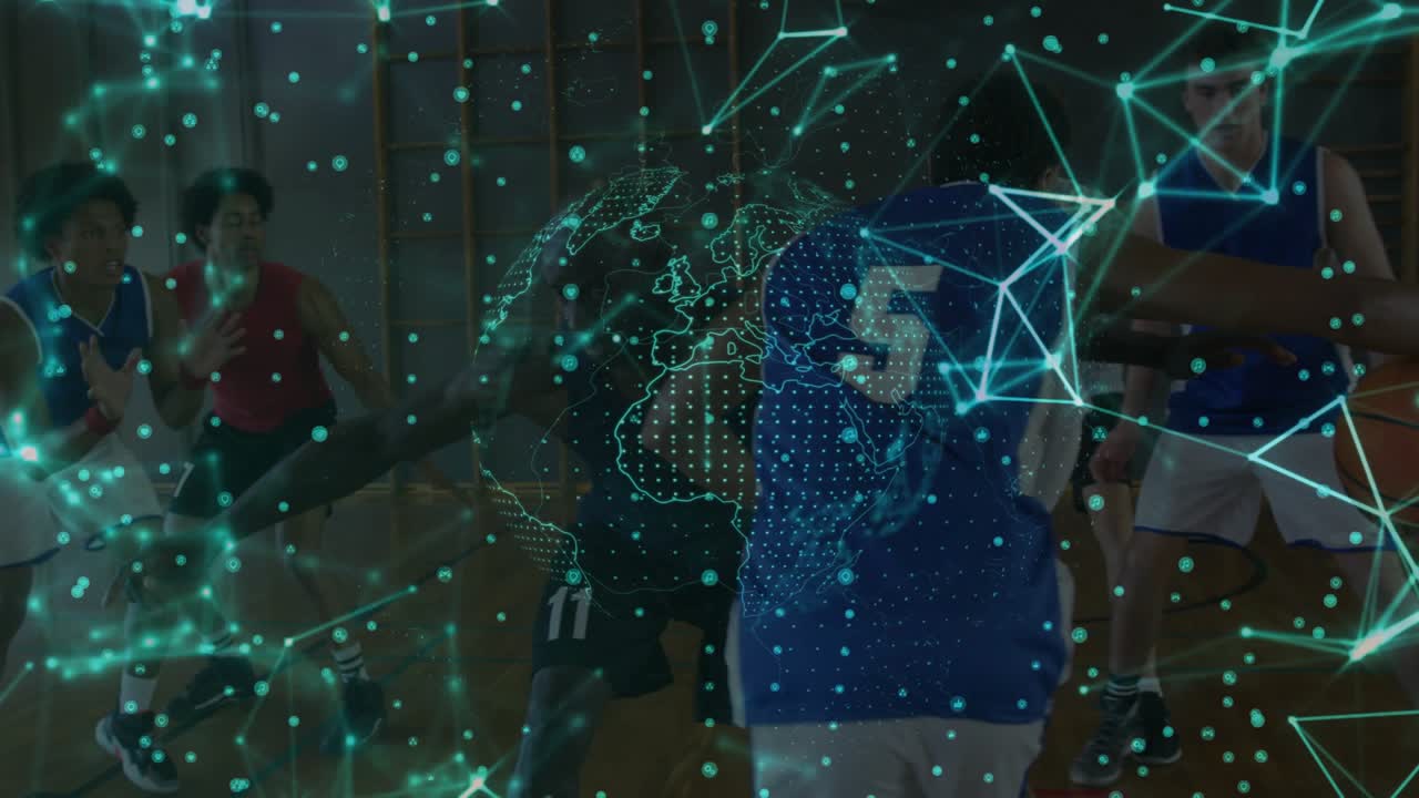 Blue #5 sports player driving defender contact causing falling guarding ball under globe overlay