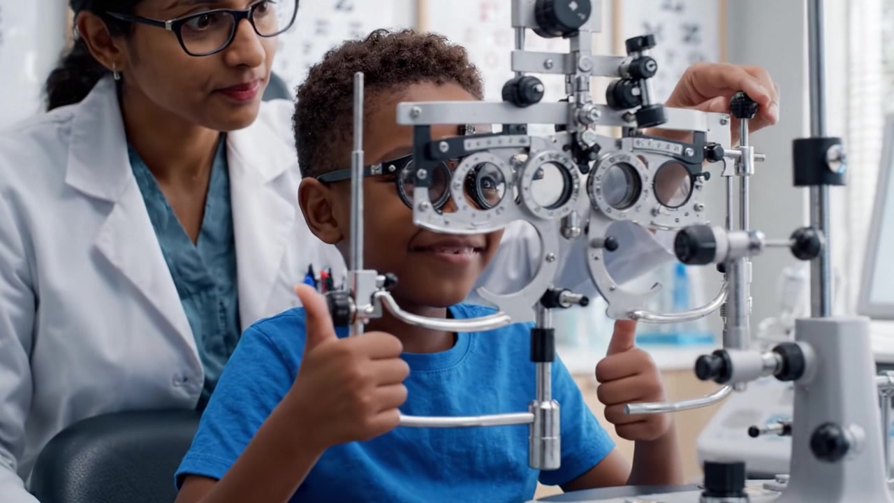 Child Undergoing Vision Test with Eye Examination Equipment, Showcasing Optometrist and Young Patient in a Relaxed, Professional Environment