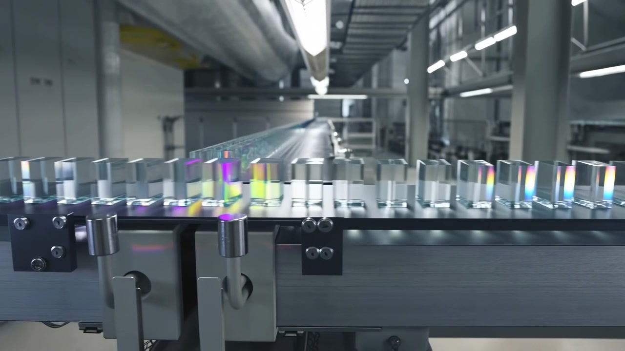 Mid-sequence factory scene showing clear glass containers advancing in a row on a metal conveyor, with bright overhead lighting, pipes, machinery, and a clean