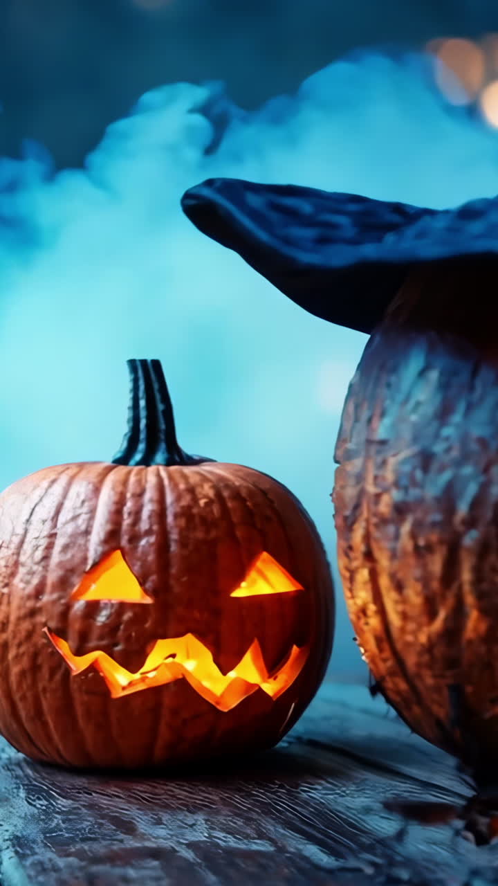 A blue hat with a black brim sits on a table with three pumpkins. The pumpkins are all lit up and have scary faces. The scene is set in a Halloween-themed environment, with the hat