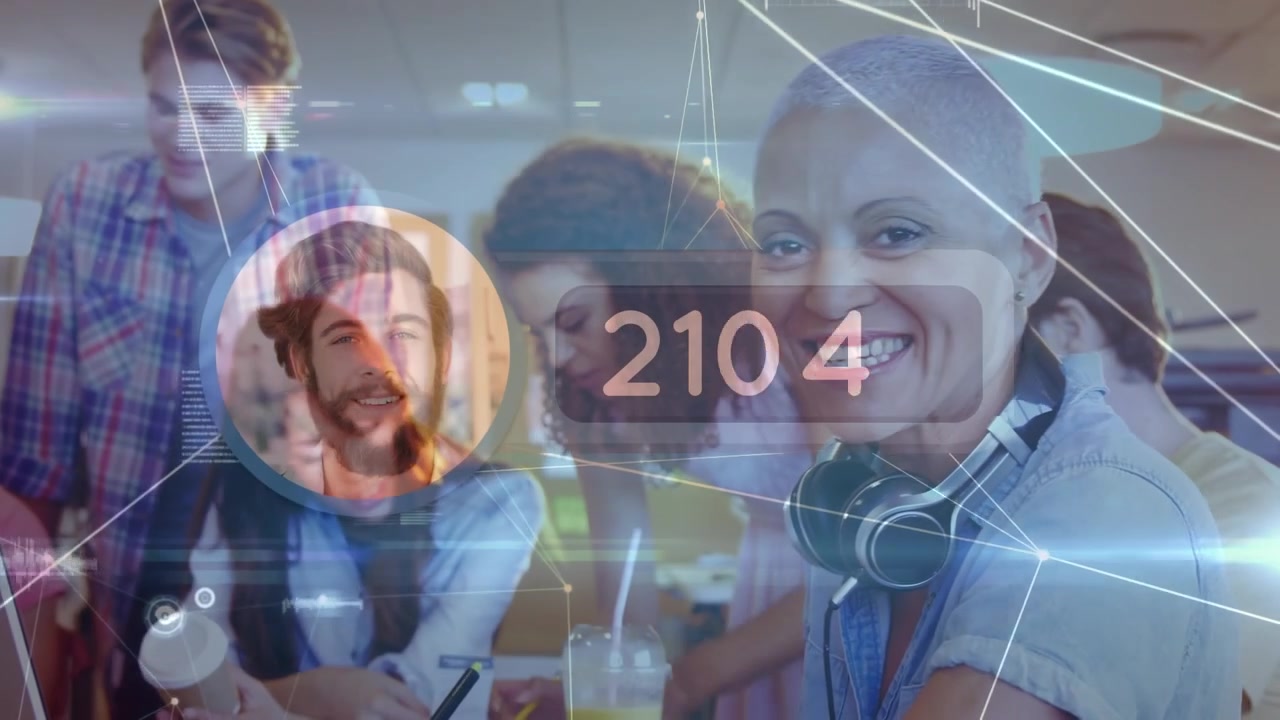Equipe Criativa Diversa Colaborando em Escritório Moderno com Sobreposição de Dados Digitais