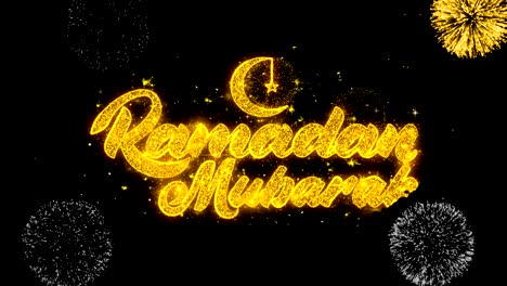 ramadan mubarak text wish reveal on glitter golden particles firework.