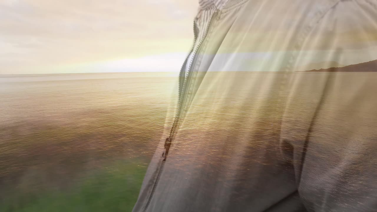 체어에 앉아 있는 장애인 백인 남성 위의 바다 풍경 애니메이션