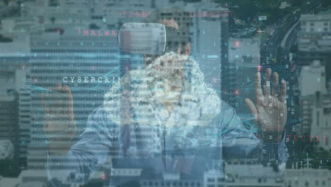 animación del procesamiento de datos sobre el hombre de negocios caucásico con auriculares vr y paisaje urbano
