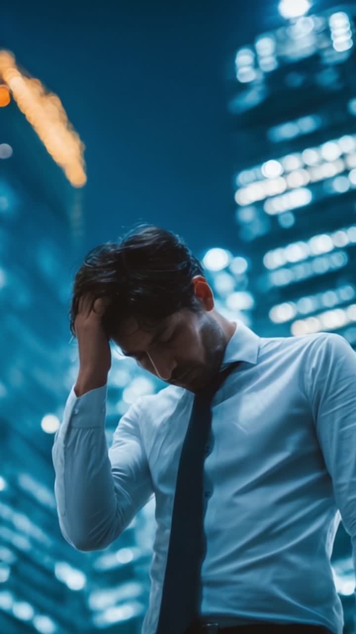 A contemplative man in formal attire stands against a backdrop of illuminated skyscrapers, embodying a moment of reflection in a vibrant urban setting at night