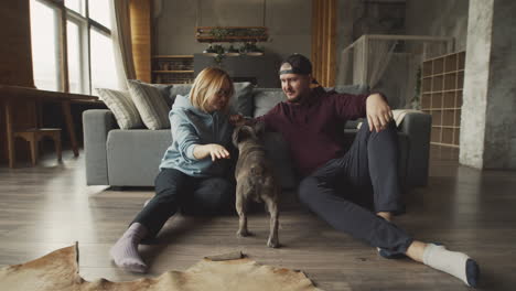 couple sitting on the floor leaning on the sofa caressing their bulldog dog 1