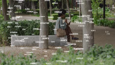Animation of business data over african american woman using smartphone