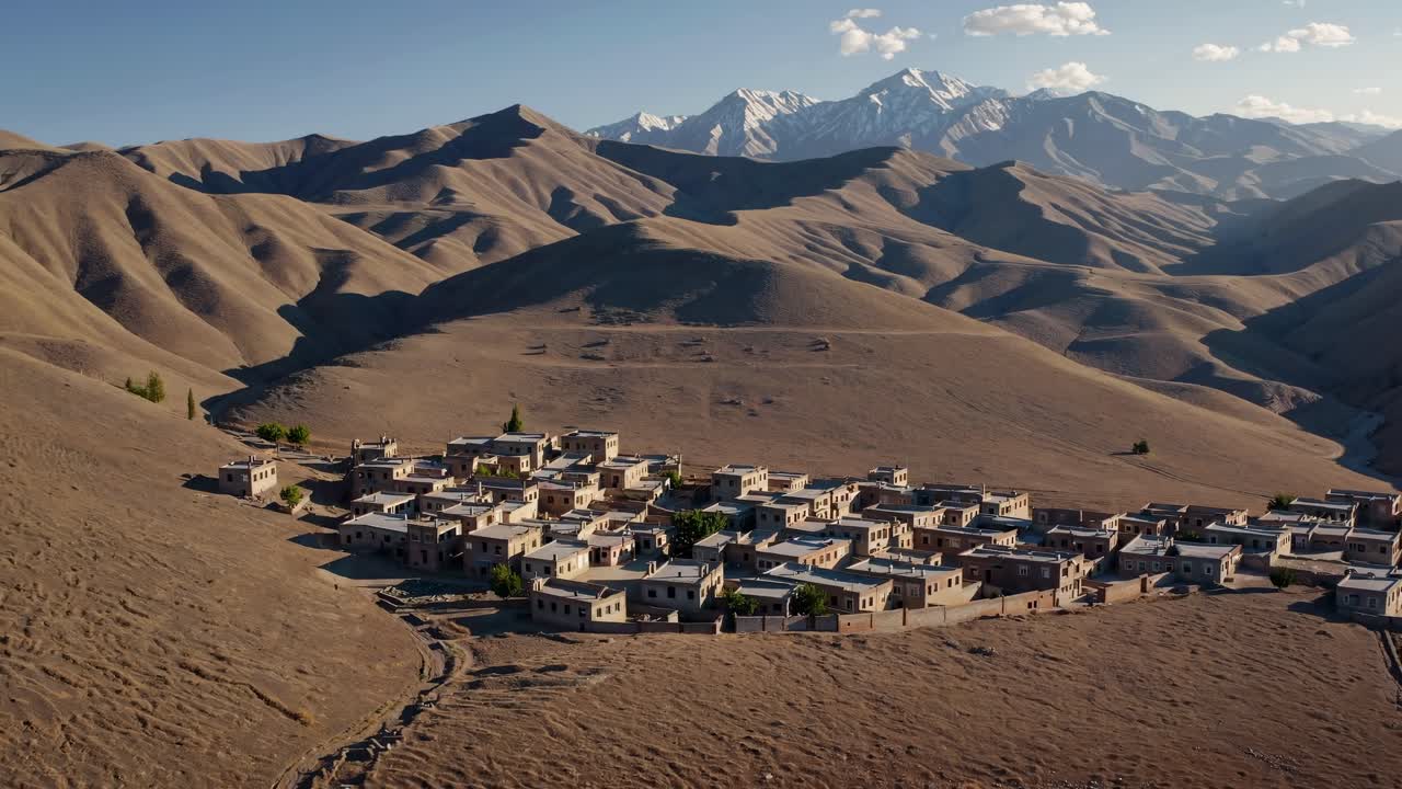 Aerial video view of a remote village nestled in arid mountains, showcasing a vast, rugged landscape