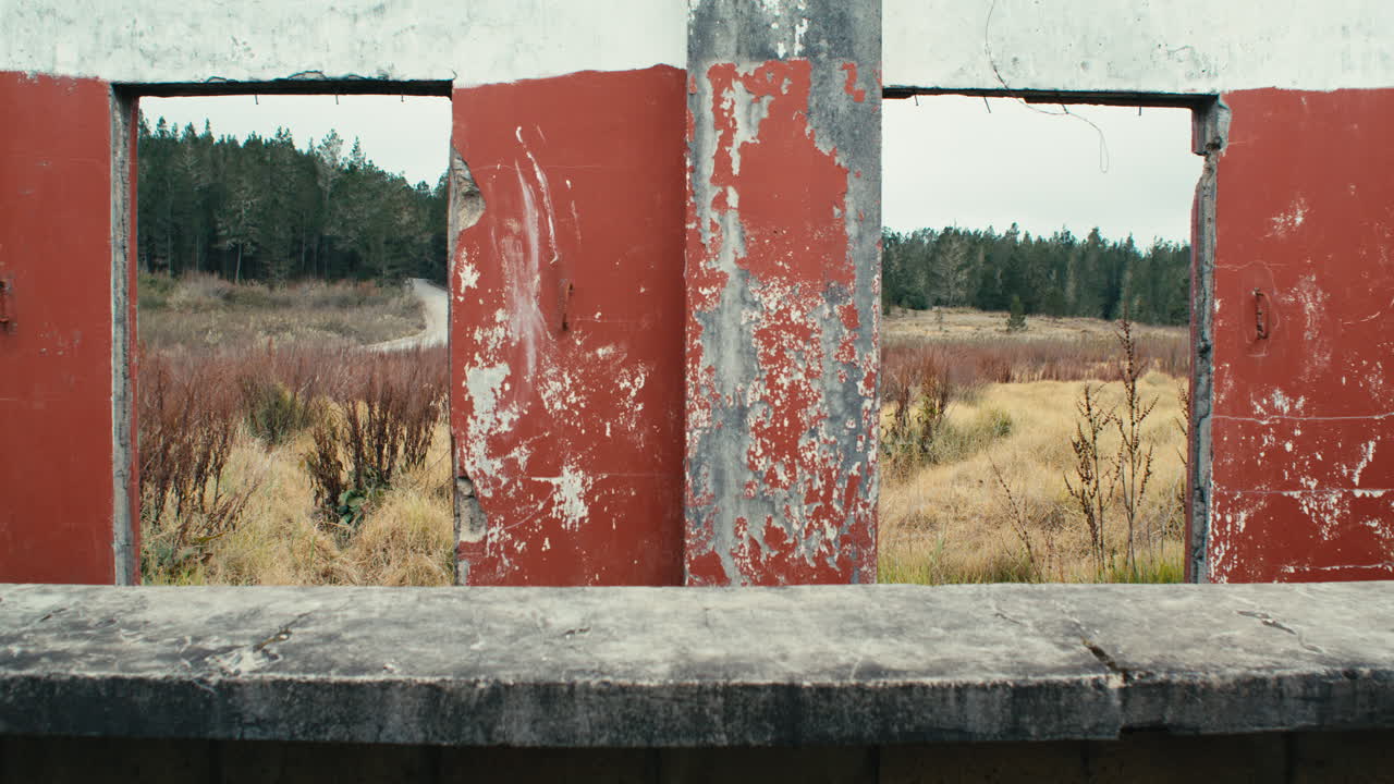 заброшенная бескровная цементная конструкция в поле зубчатой травы с статическими деталями