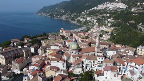 an amazing view of the beautiful vietri sul mare on the amalfi coast in italy filmed by drone 4k