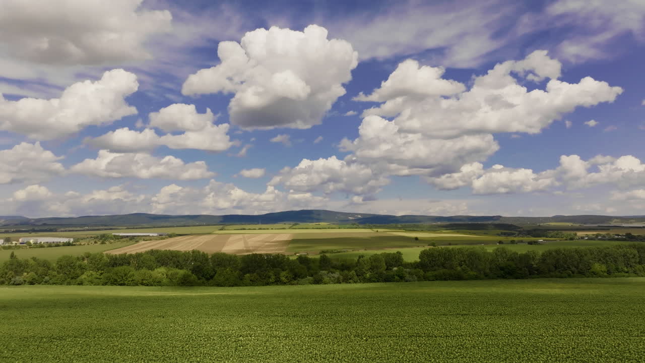 un amplio tiro de un campo verde bajo un cielo azul con nubes blancas esponjosas