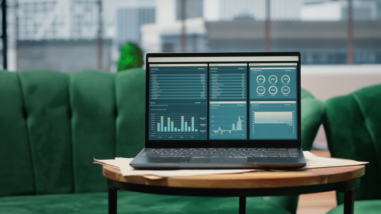 Vertical Video High tech device showcasing infographics and business data in empty office