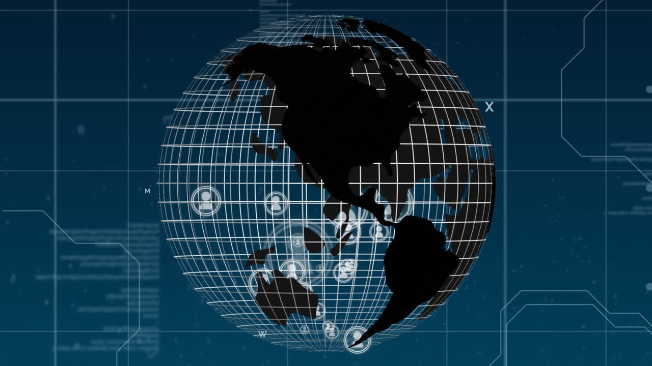 Animation of network of connections and data processing over dark background