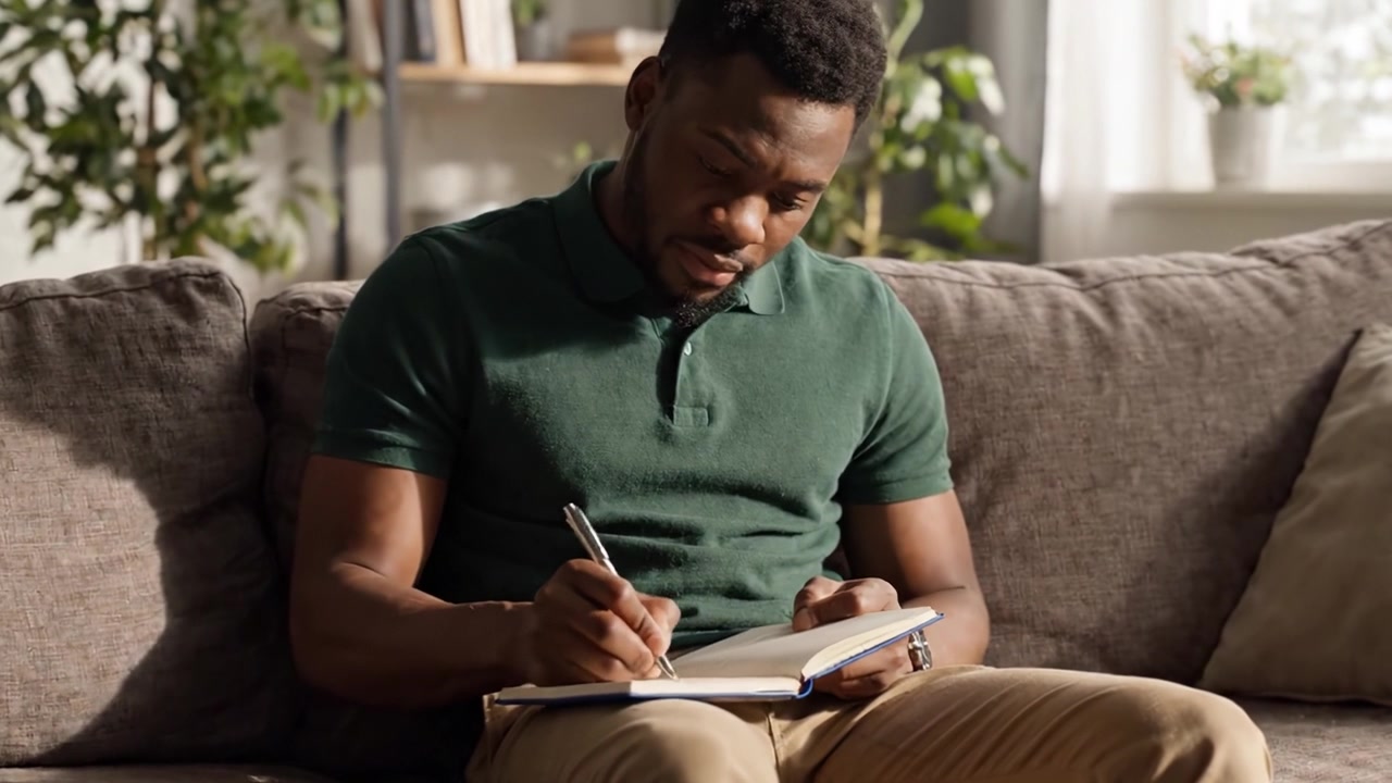 A man documenting thoughts in a notebook and transitioning to using a smartphone, highlighting the blend of traditional writing and modern technology in daily life.