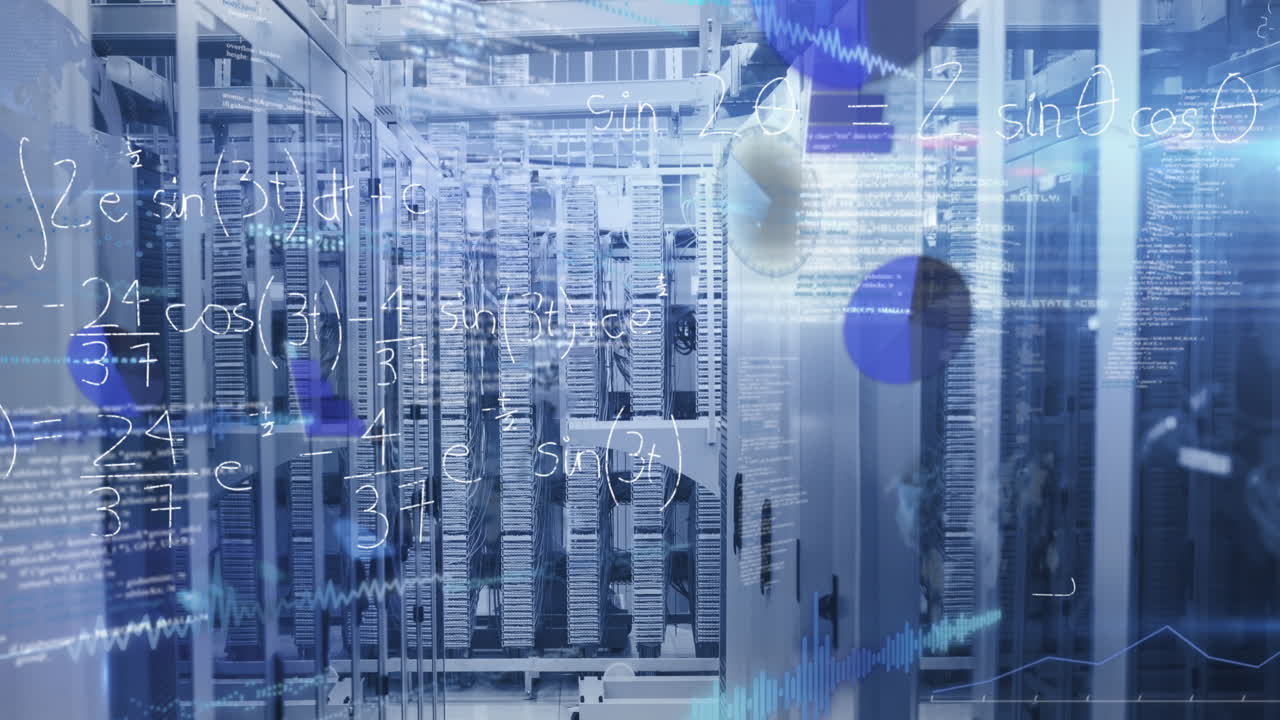 Animation of data processing and mathematical equations floating against computer server room