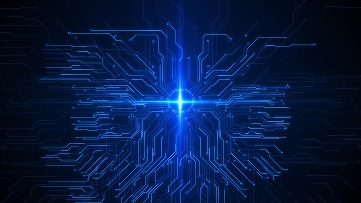 Sfondo blu con esplosione di luce a circuito, percorsi elettronici luminosi che irradiano da un punto centrale brillante