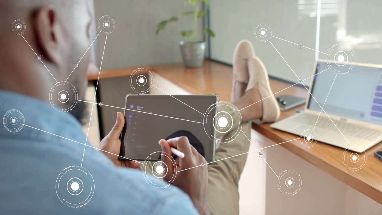 Man using tablet, HUD appearing, nodes expanding to laptop aligning with stylus tip, exploring tech