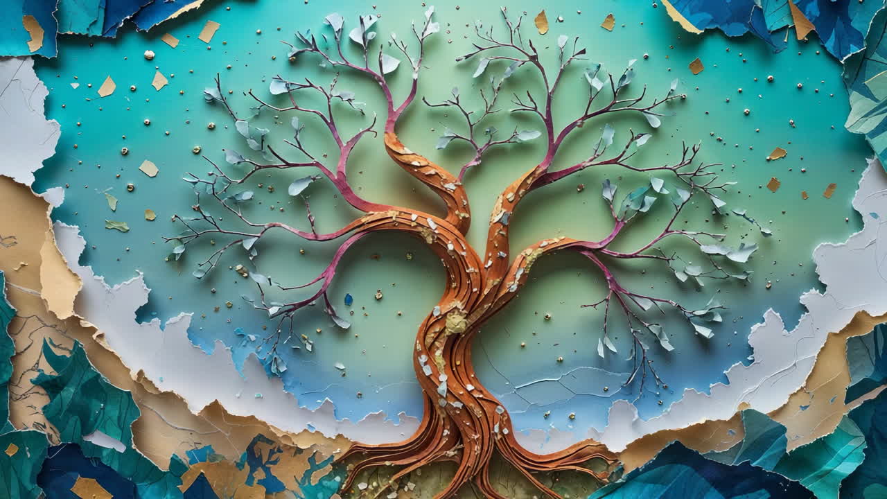 Stylized Paper Art Tree with Gradient Background